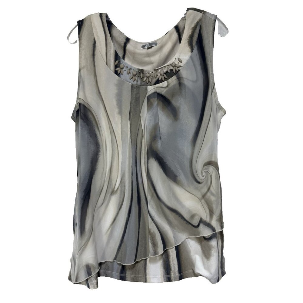 JM Collection Womens Large Top Blouse Sleeveless Tiered Beaded Knit Embellished
